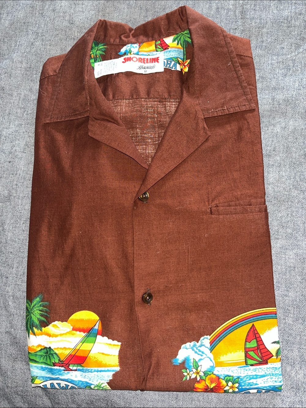 Vintage Shoreline Brown Hawaiian Print Short-Sleeve Button Shirt 100% Cotton